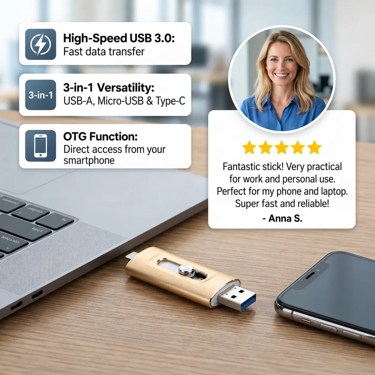 3-in-1 USB Flash Drive with Type-C and OTG Adapter