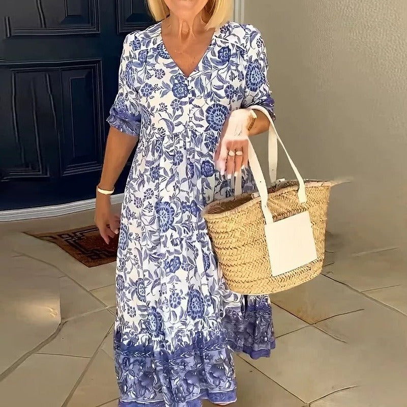 Florina - Boho-Kleid mit Blumenmuster und V-Ausschnitt für Damen