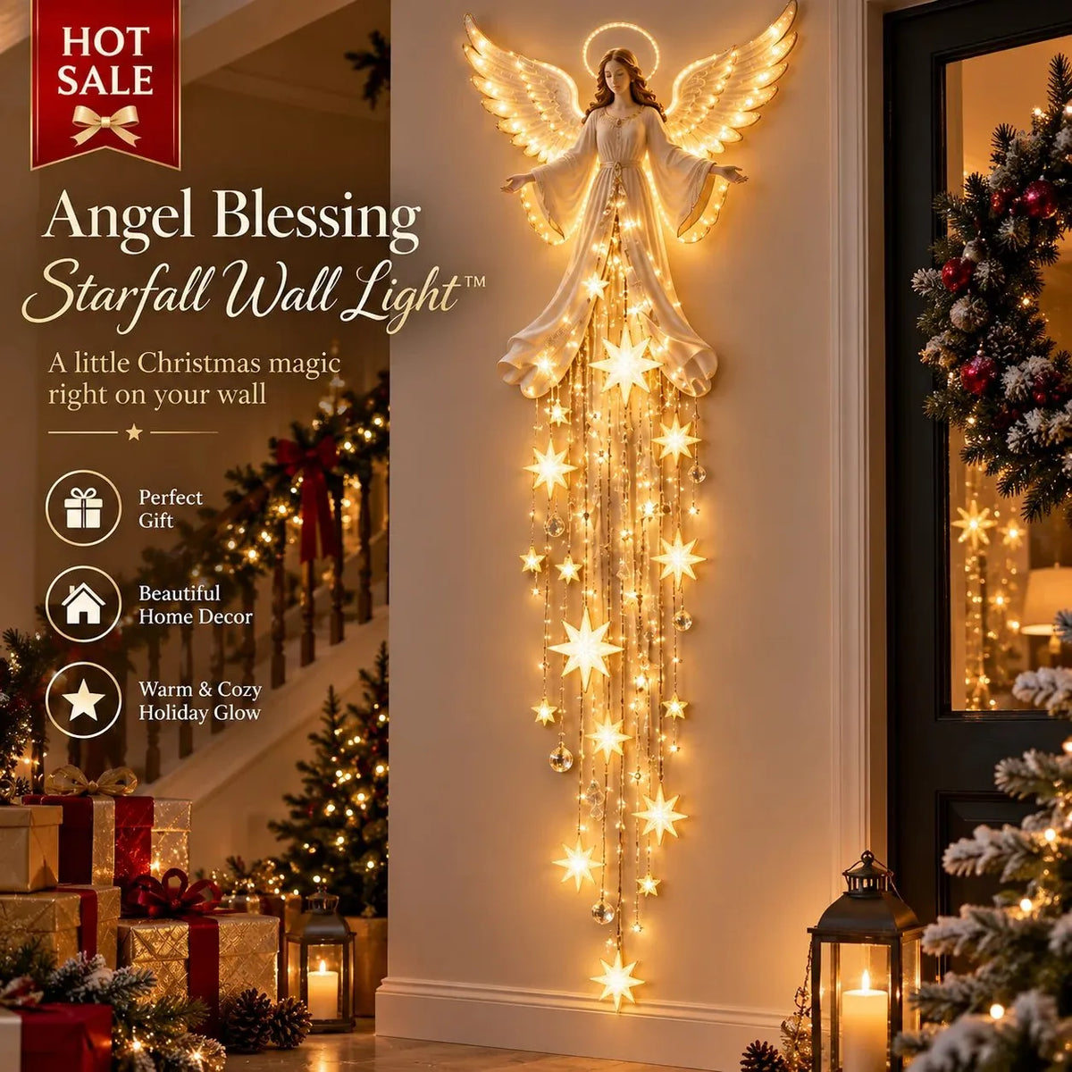 Angel Christmas Wall Light with Halo and Cascading Stars