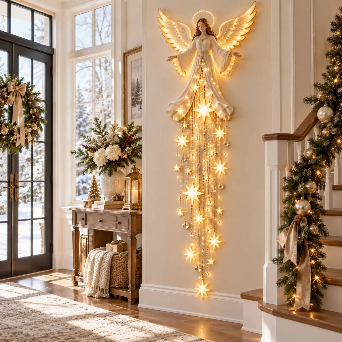 Angel Christmas Wall Light with Halo and Cascading Stars