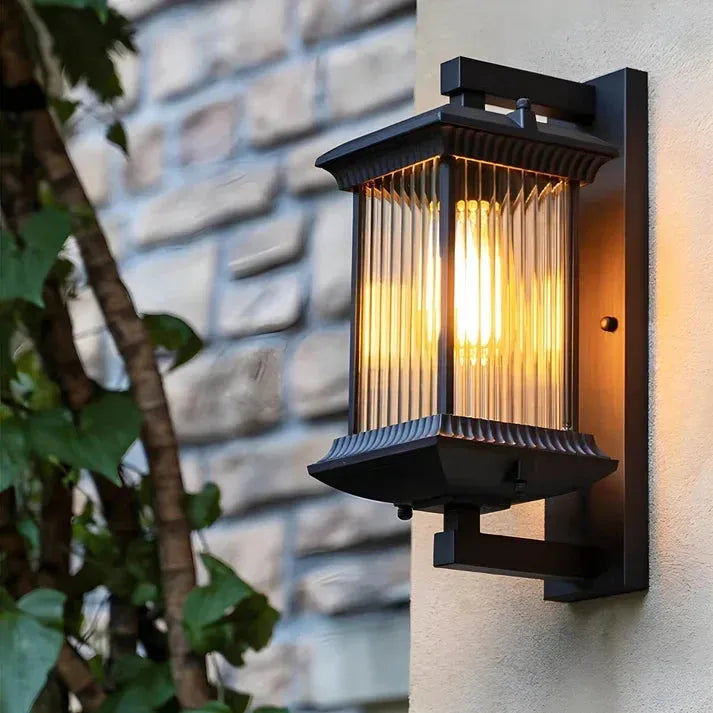 Classic Lantern Outdoor Wall Light with Ribbed Glass Panels