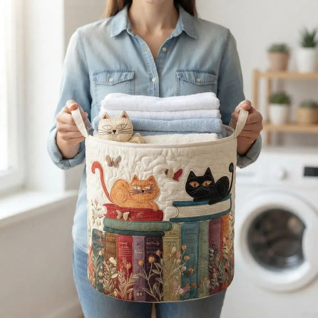 Collapsible Plaid Cat Laundry Basket with Handles