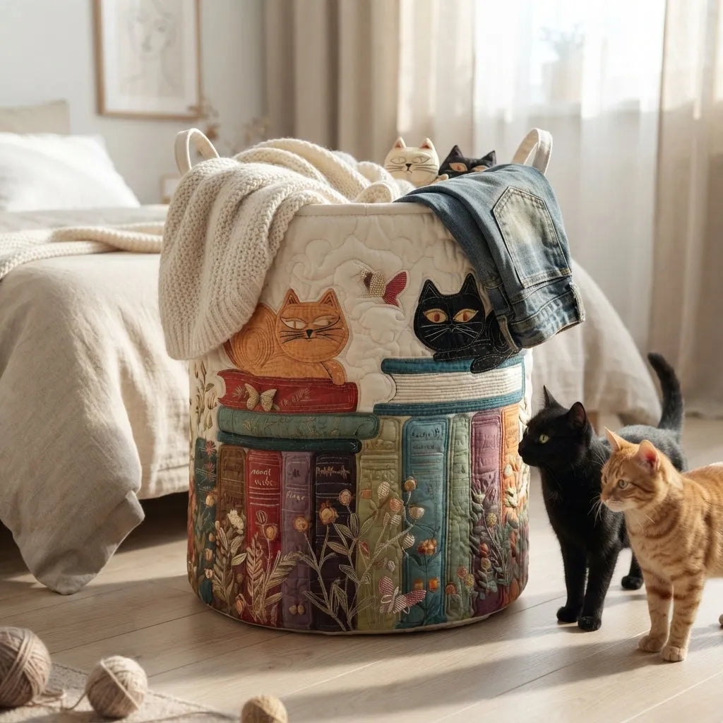 Collapsible Plaid Cat Laundry Basket with Handles