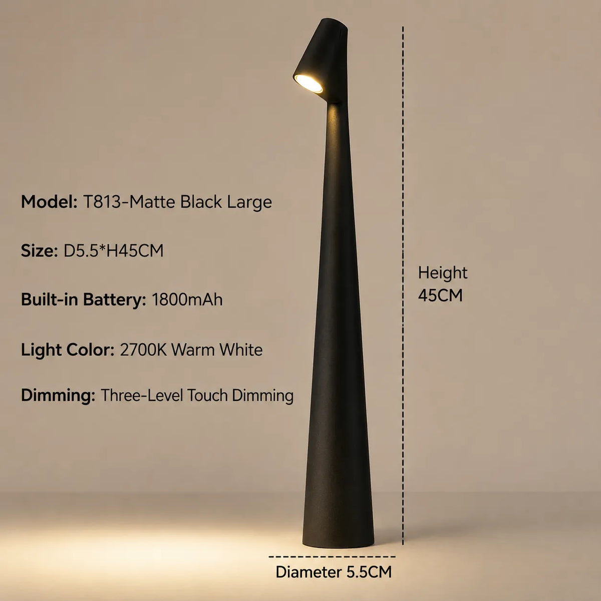 Cordless LED Table Lamp with 3-Level Touch Dimming