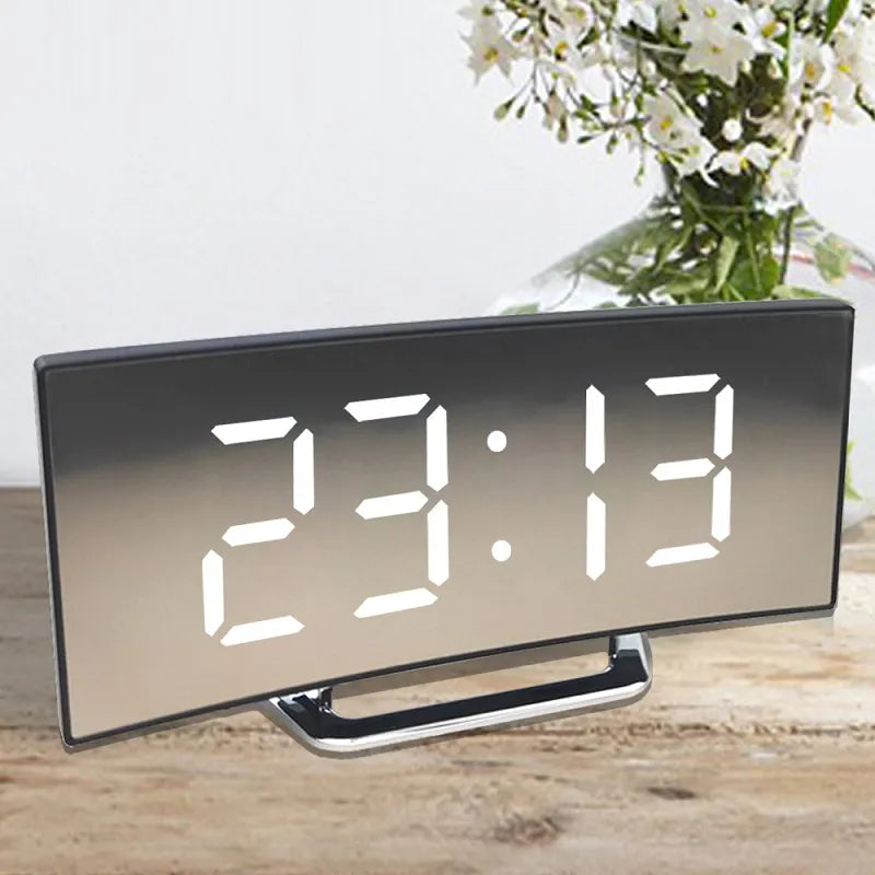 Digital Alarm Clock with Curved LED Mirror Display