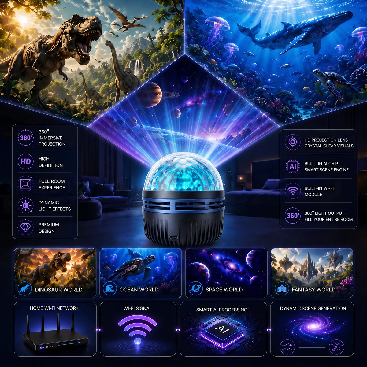 Dynamic Galaxy Sky Night Light Projector with Gooseneck