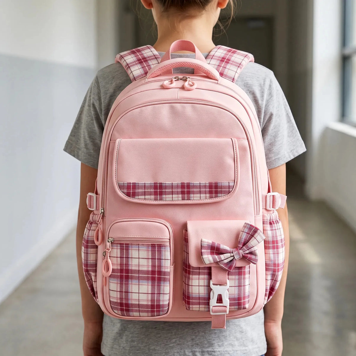 Ergonomic Structured School Backpack with Plaid Accents