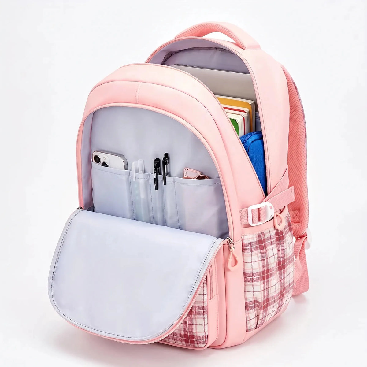 Ergonomic Structured School Backpack with Plaid Accents