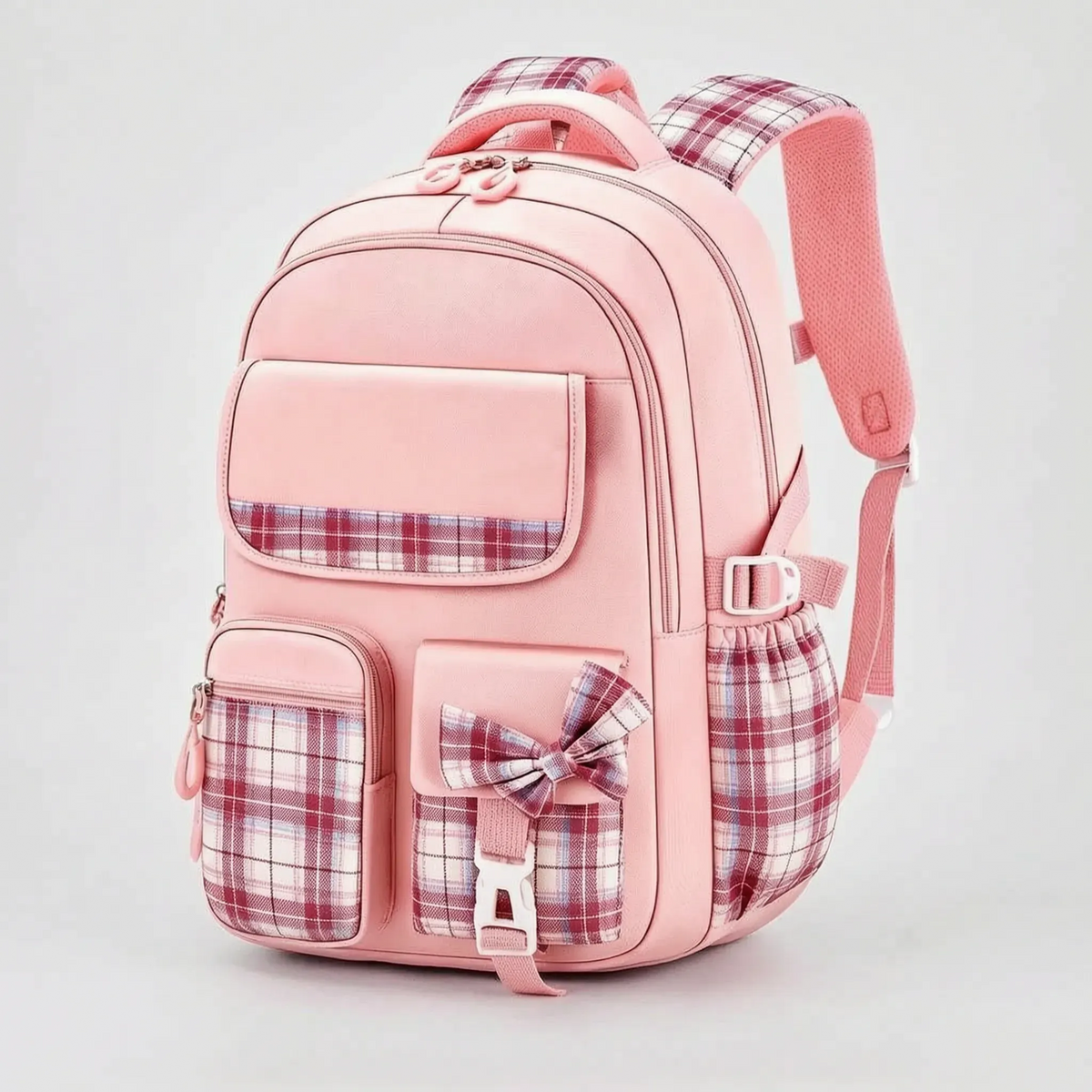 Ergonomic Structured School Backpack with Plaid Accents