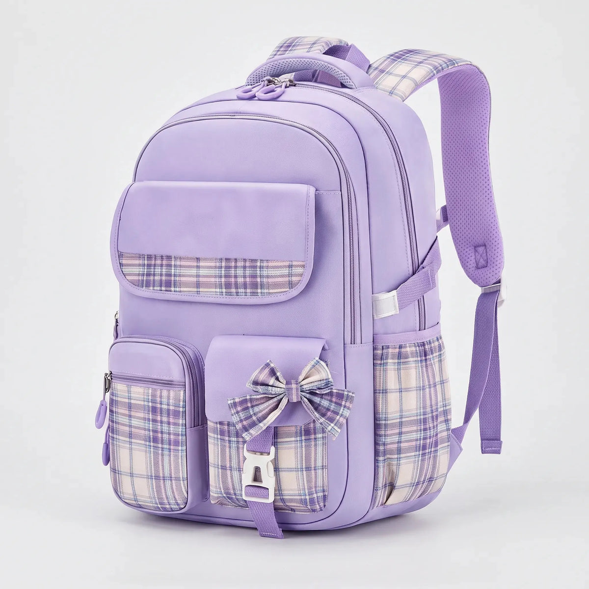 Ergonomic Structured School Backpack with Plaid Accents