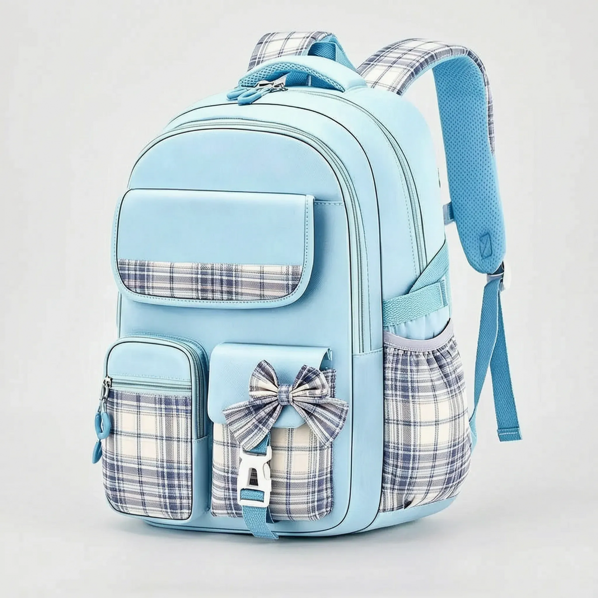 Ergonomic Structured School Backpack with Plaid Accents