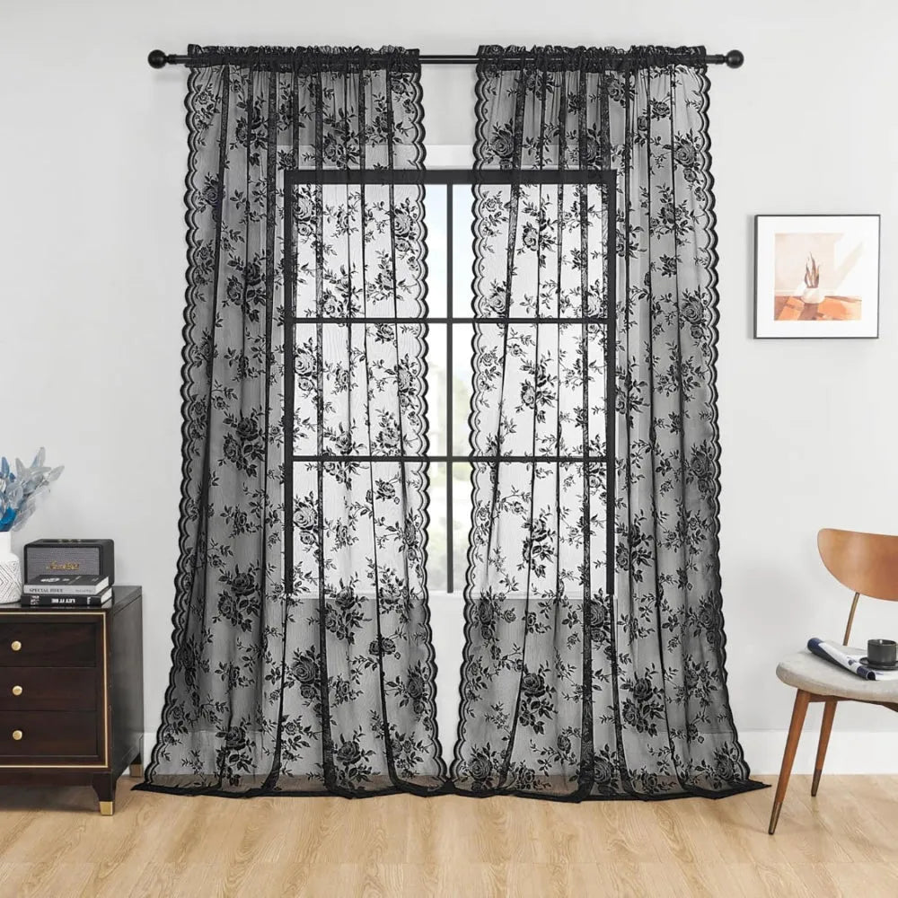 Floral Lace Sheer Microfiber Curtain Panel with Rod Pocket