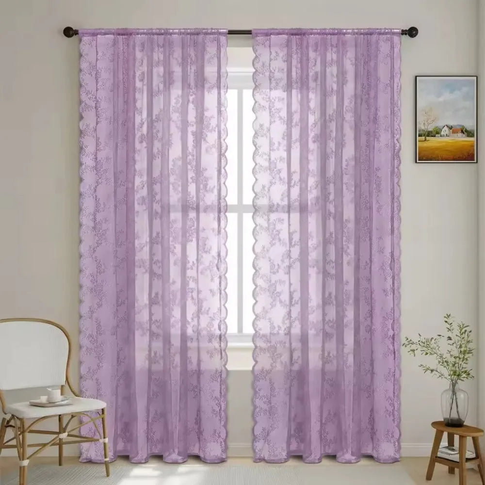 Floral Lace Sheer Microfiber Curtain Panel with Rod Pocket