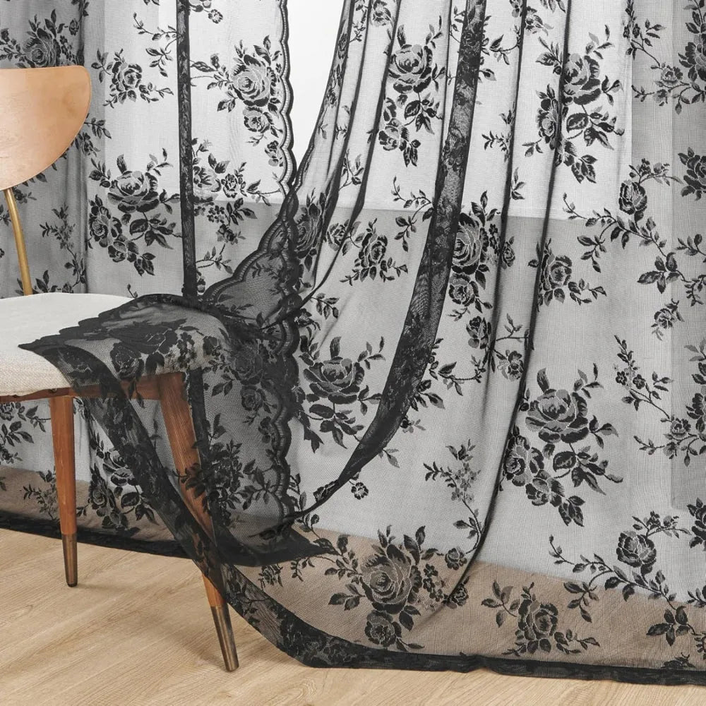 Floral Lace Sheer Microfiber Curtain Panel with Rod Pocket