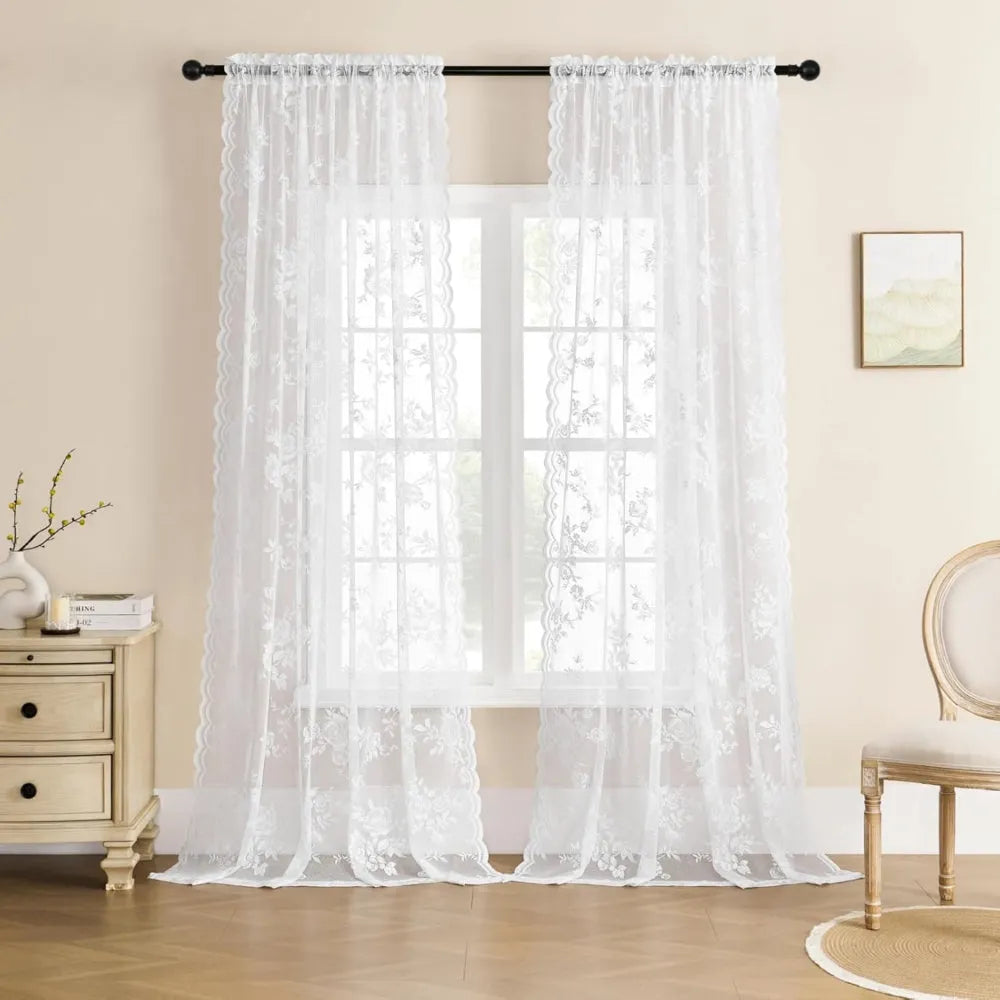 Floral Lace Sheer Microfiber Curtain Panel with Rod Pocket