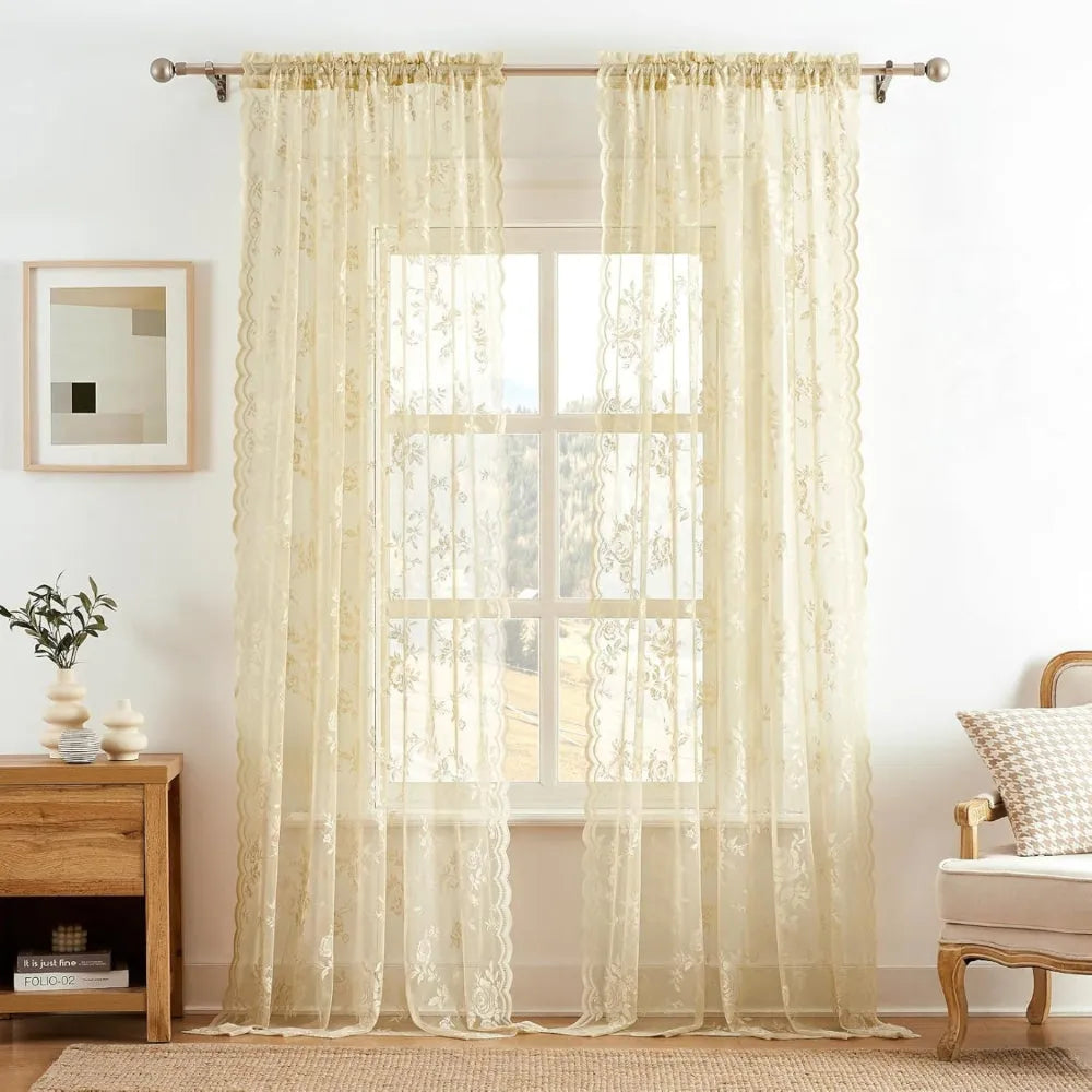 Floral Lace Sheer Microfiber Curtain Panel with Rod Pocket