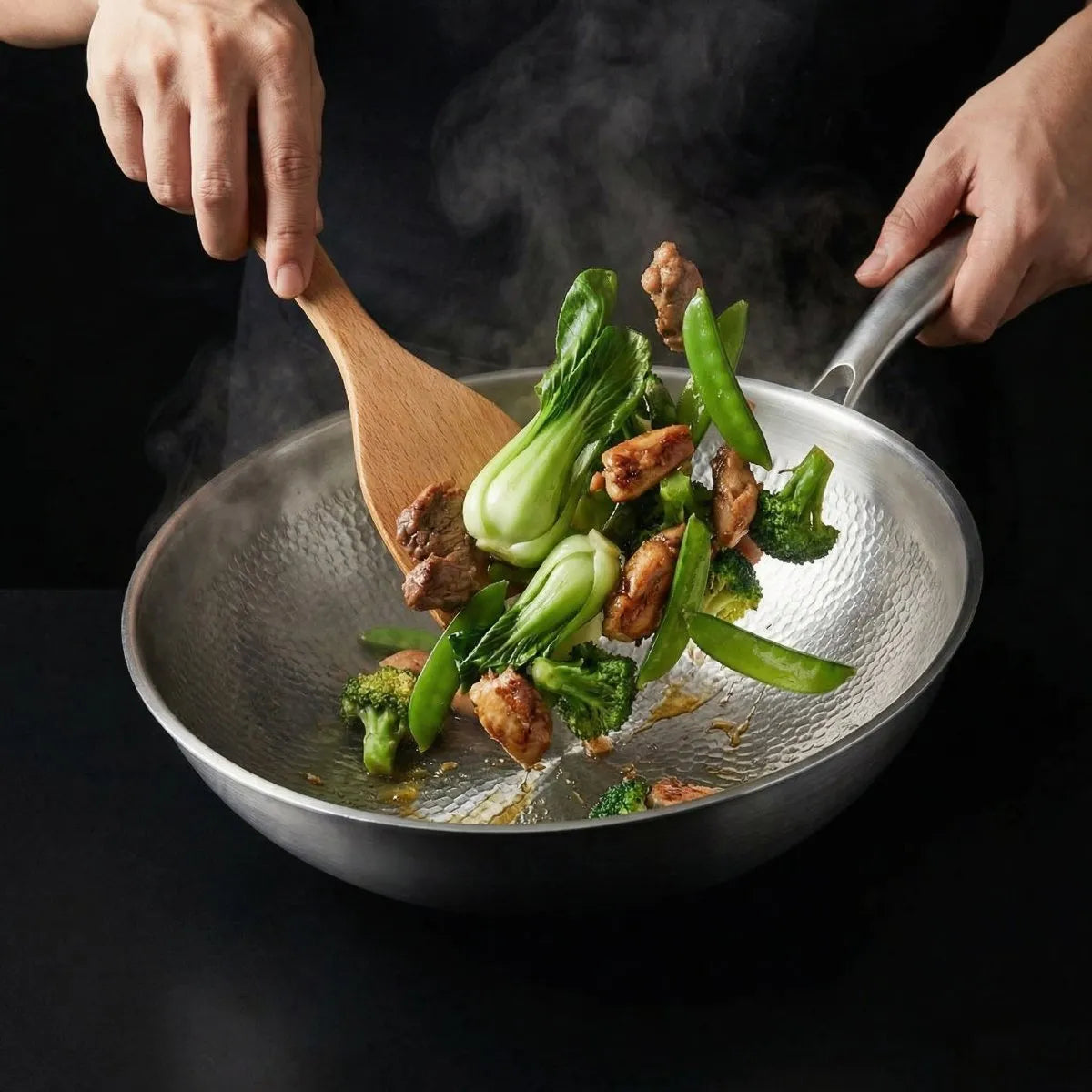 Hammered Titanium Flat Bottom Wok Pan with Ergonomic Handle
