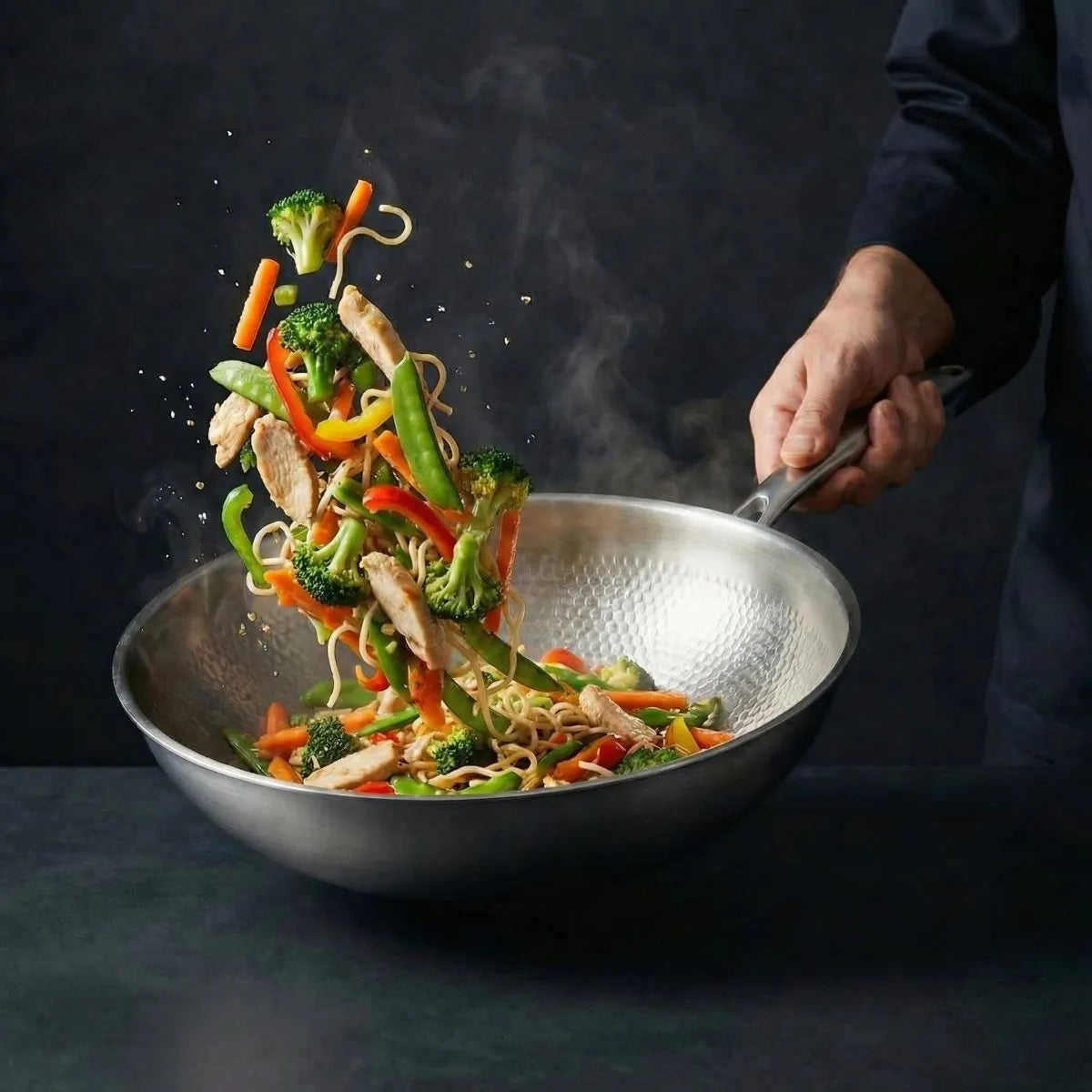 Hammered Titanium Flat Bottom Wok Pan with Ergonomic Handle