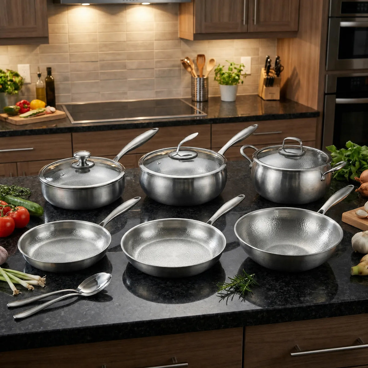 Hand-Hammered Pure Titanium Cookware Set with 3 Lids