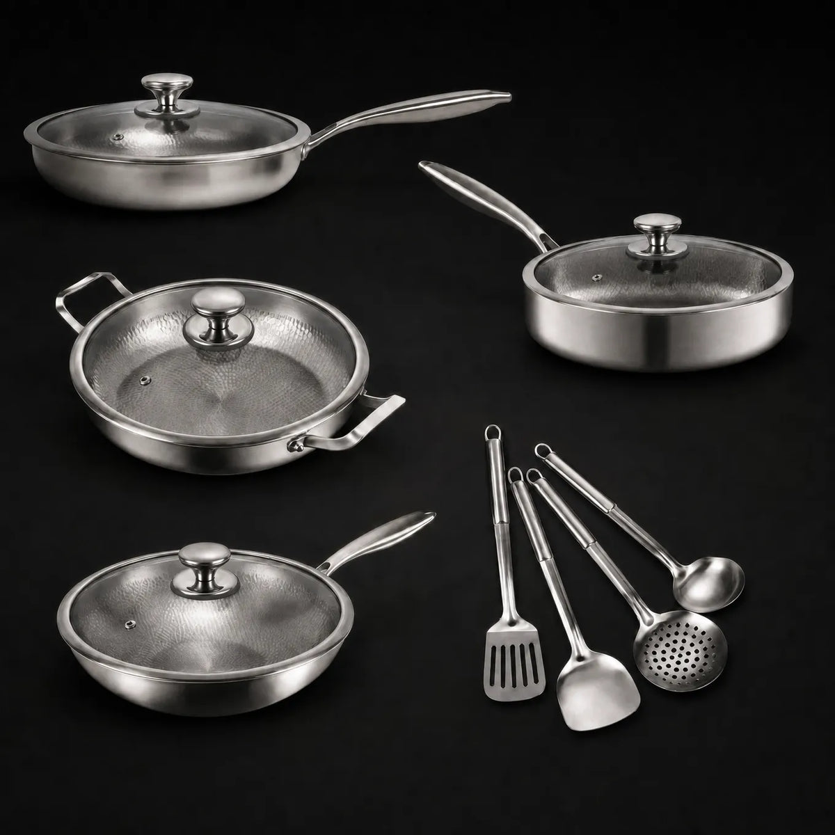 Hand-Hammered Titanium Cookware Set with Kitchen Utensils