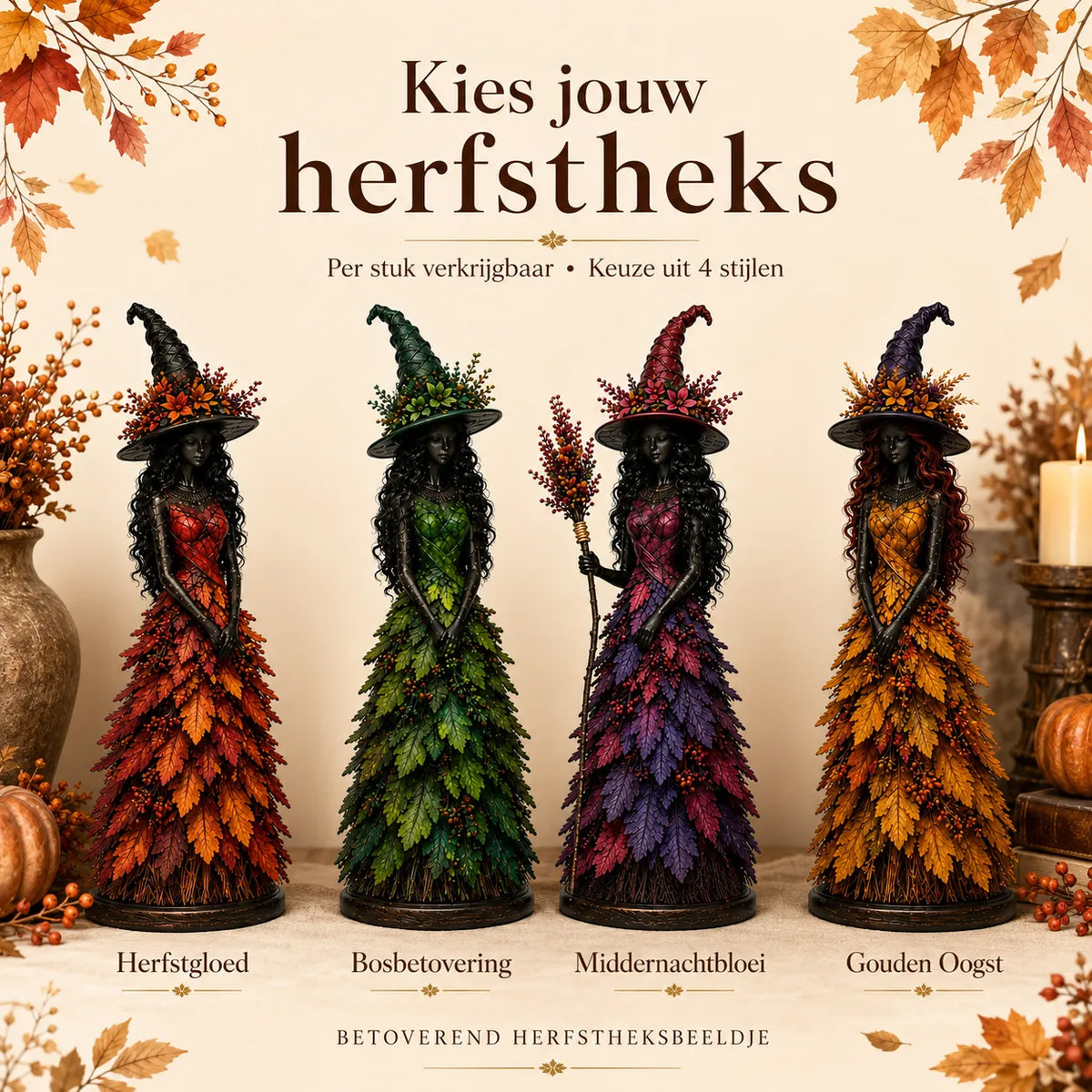 Handmade Autumn Witch Figurine with Hand-Painted Leaf Details