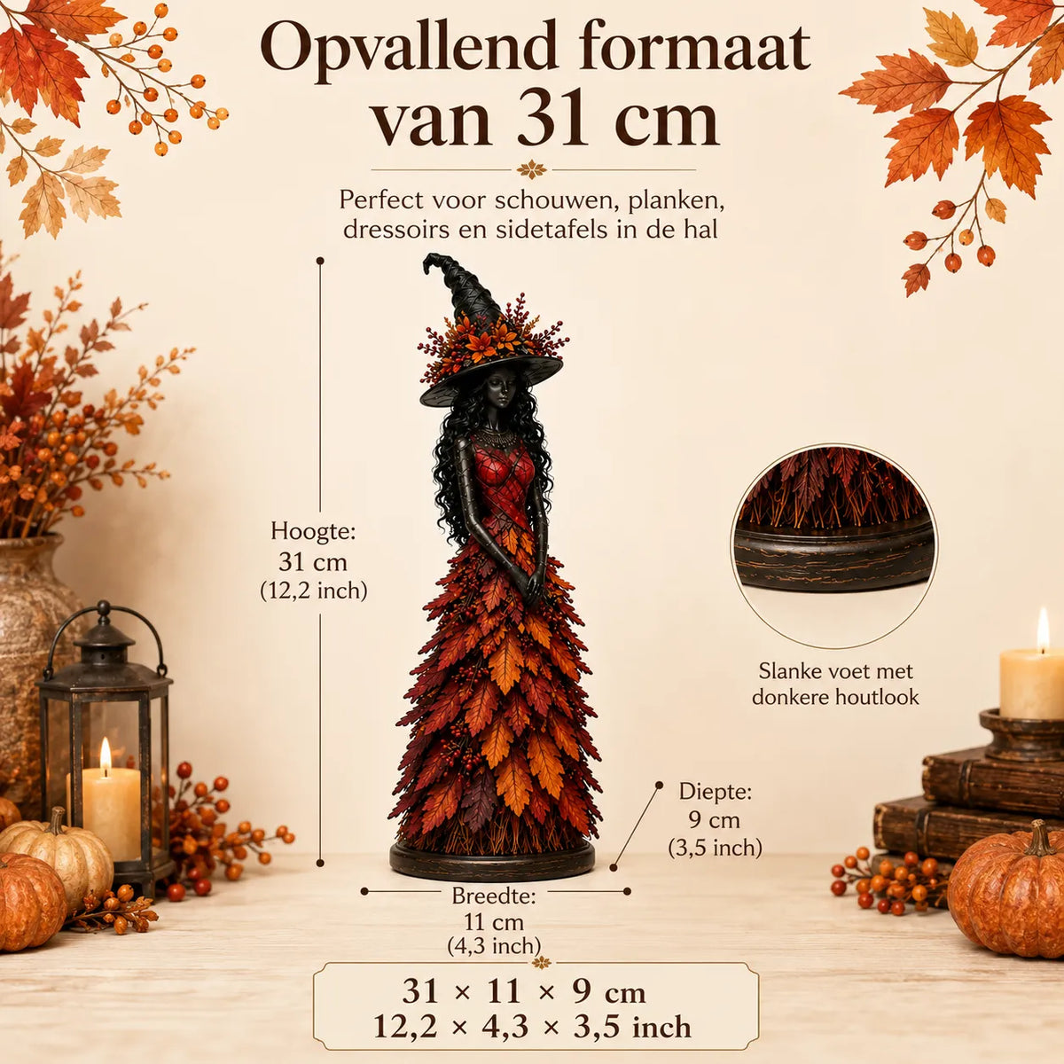 Handmade Autumn Witch Figurine with Hand-Painted Leaf Details