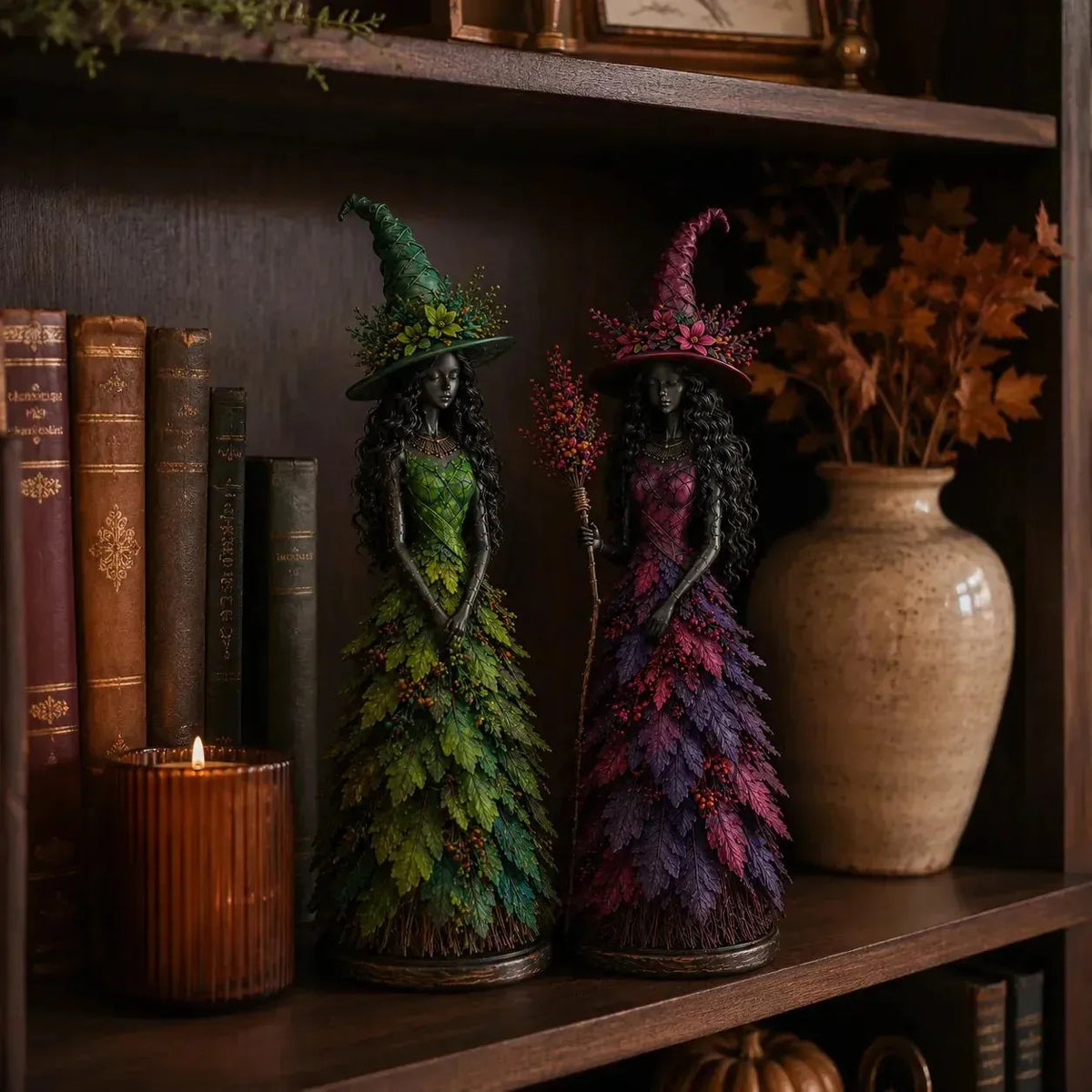 Handmade Autumn Witch Figurine with Hand-Painted Leaf Details