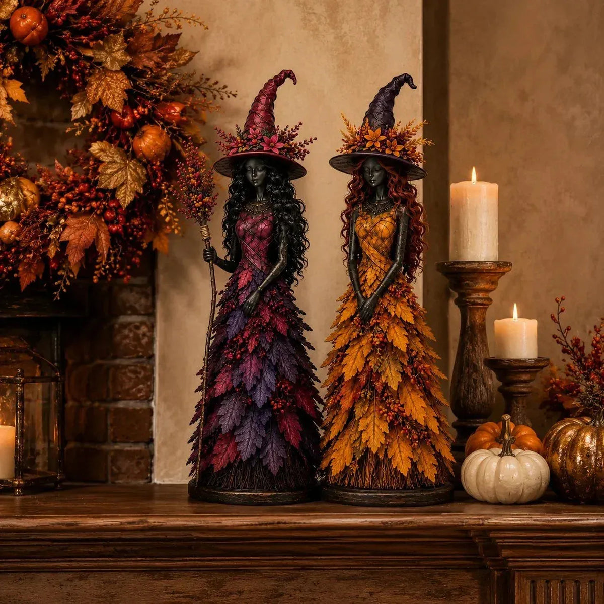 Handmade Autumn Witch Figurine with Hand-Painted Leaf Details