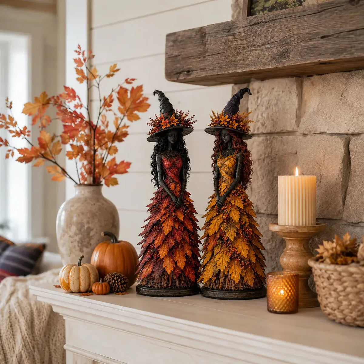 Handmade Autumn Witch Figurine with Hand-Painted Leaf Details