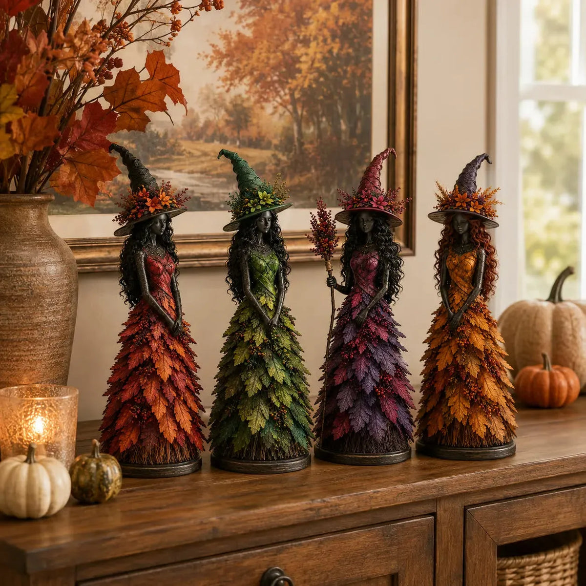 Handmade Autumn Witch Figurine with Hand-Painted Leaf Details
