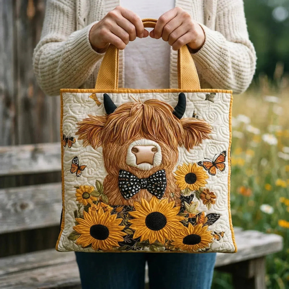 Handmade Quilted Tote Bag with Wave Stitching