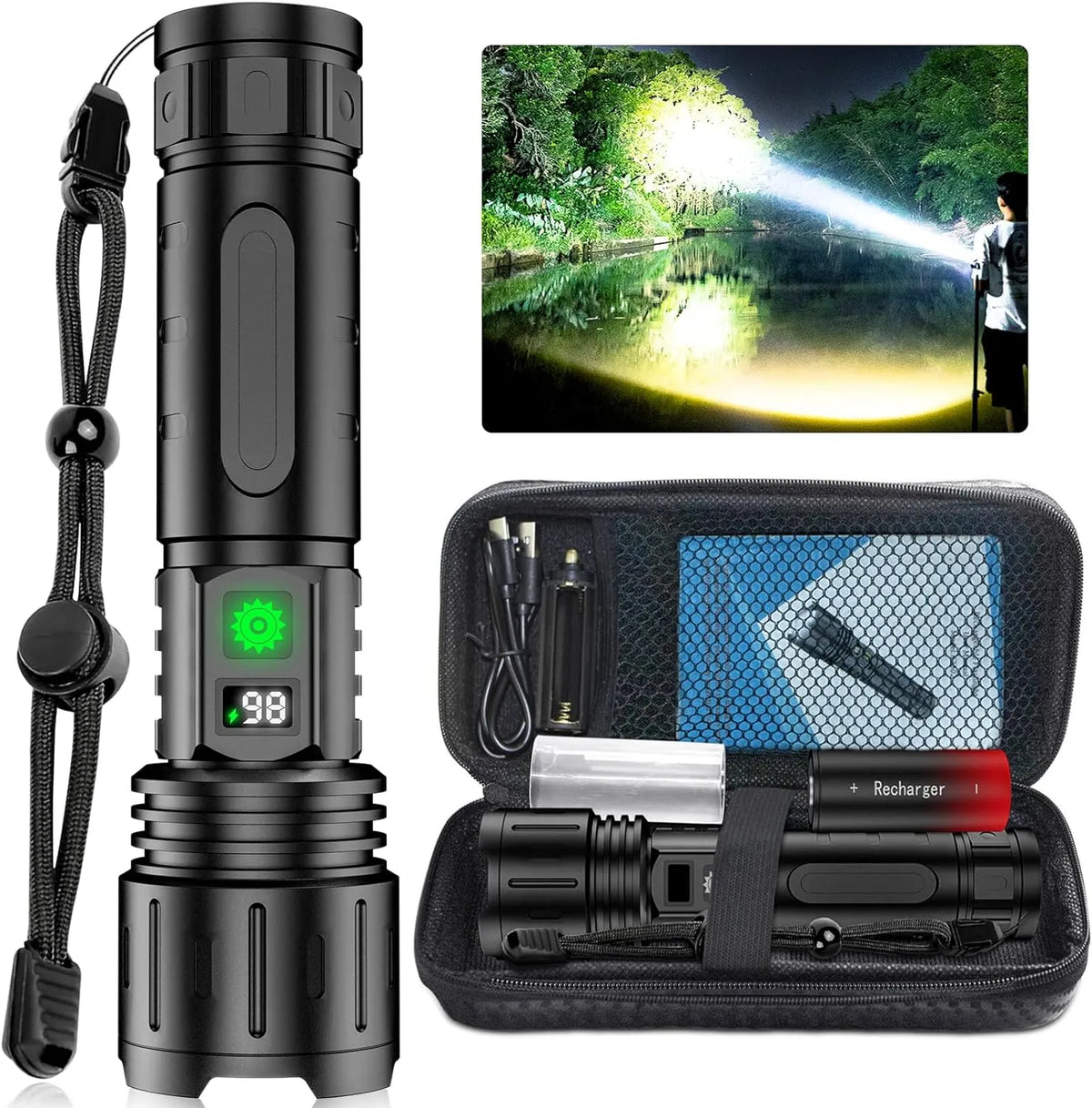 High-Power Rechargeable LED Flashlight with LCD Display