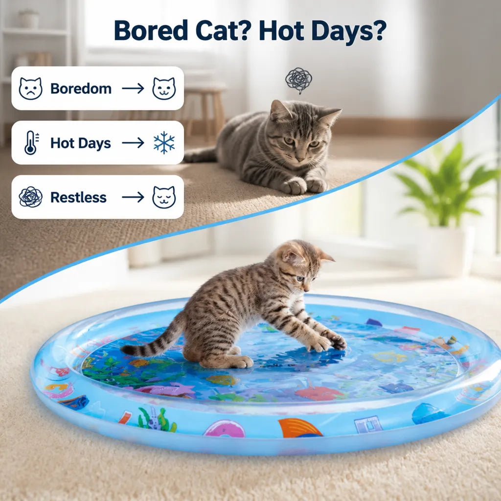 Inflatable Cat Water Play Mat with Floating Fish