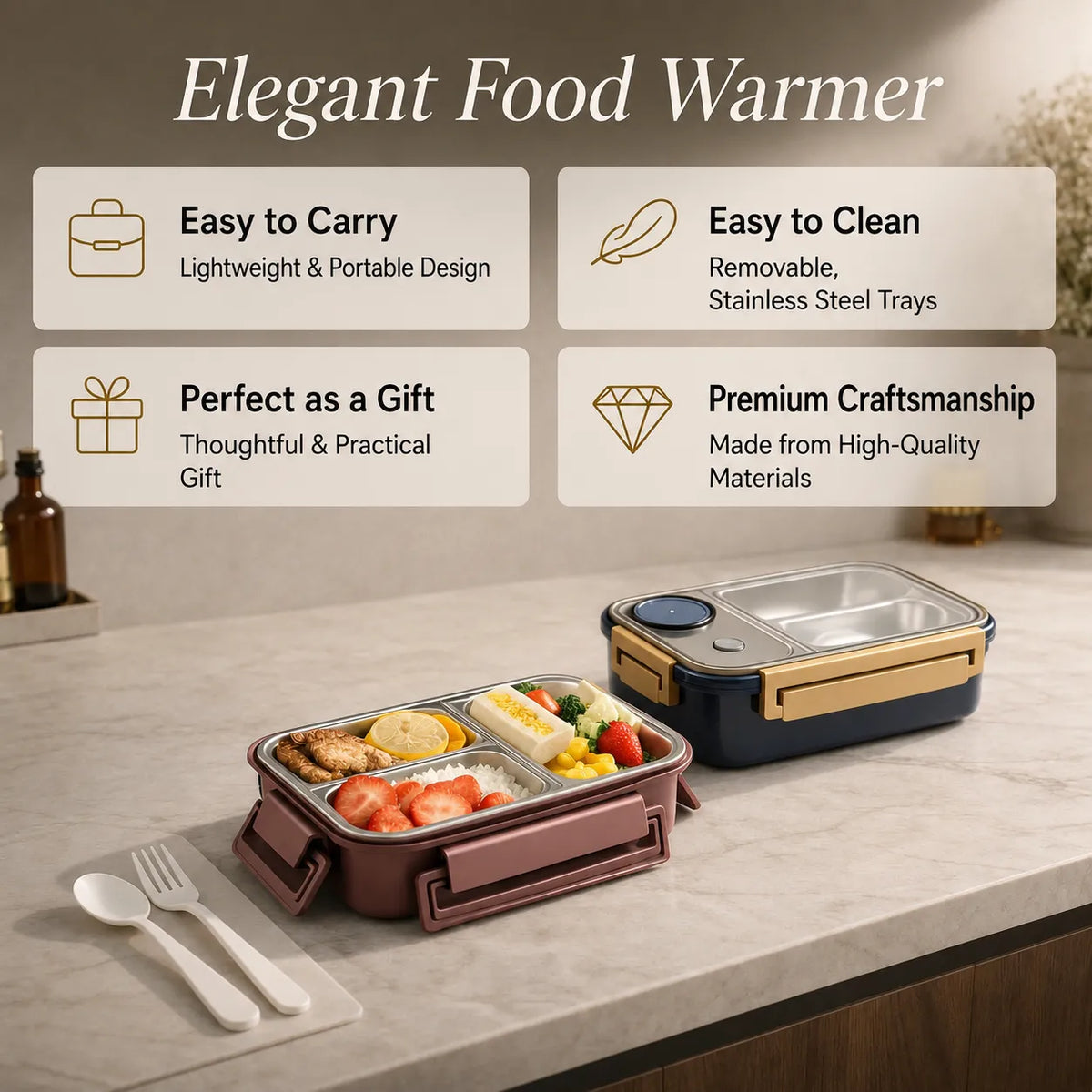 Insulated Thermal Lunch Box with Stainless Steel Compartments
