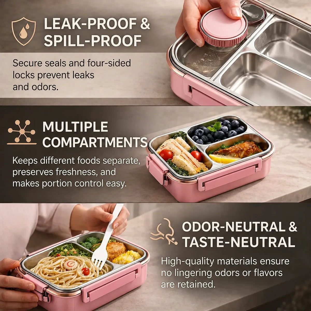 Insulated Thermal Lunch Box with Stainless Steel Compartments