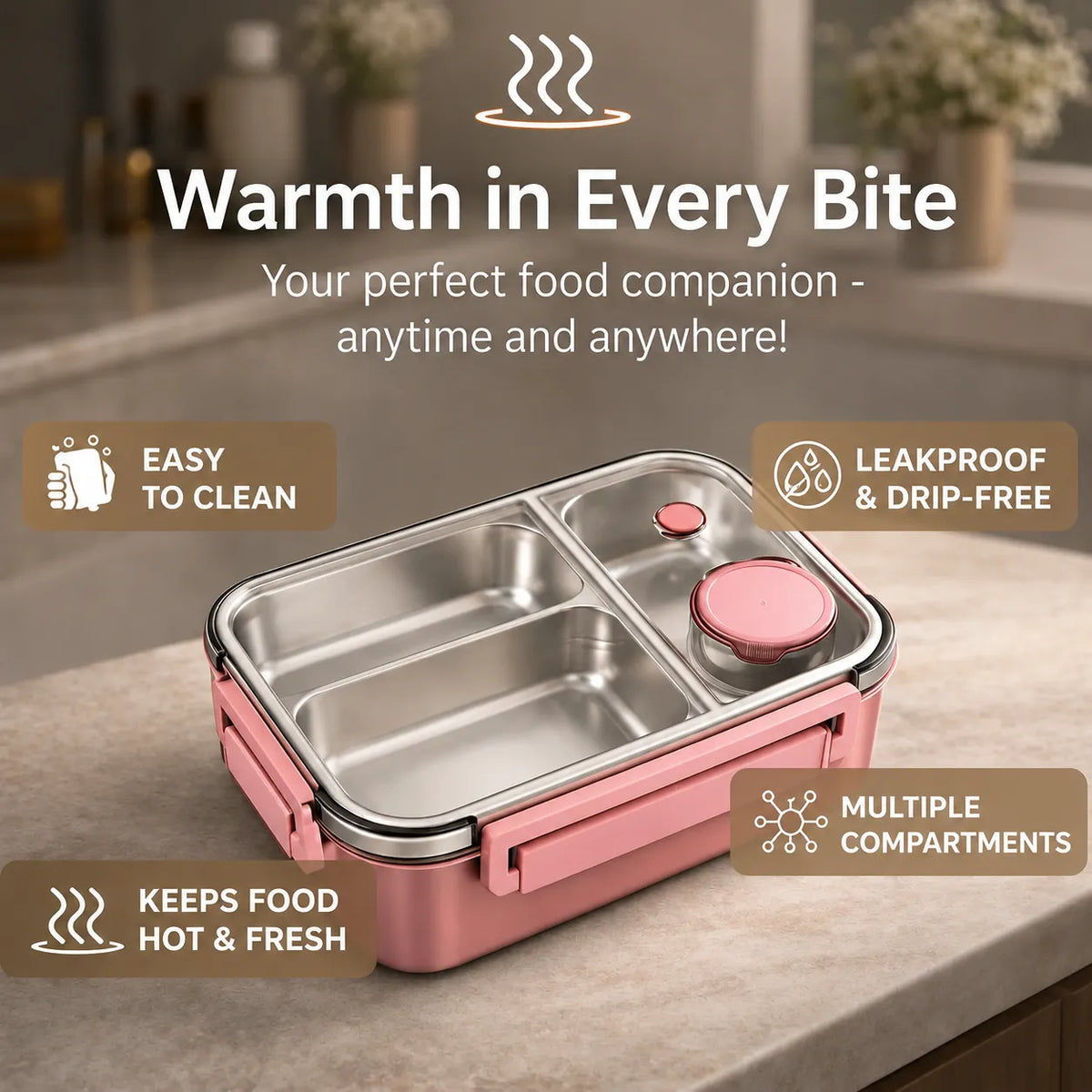Insulated Thermal Lunch Box with Stainless Steel Compartments