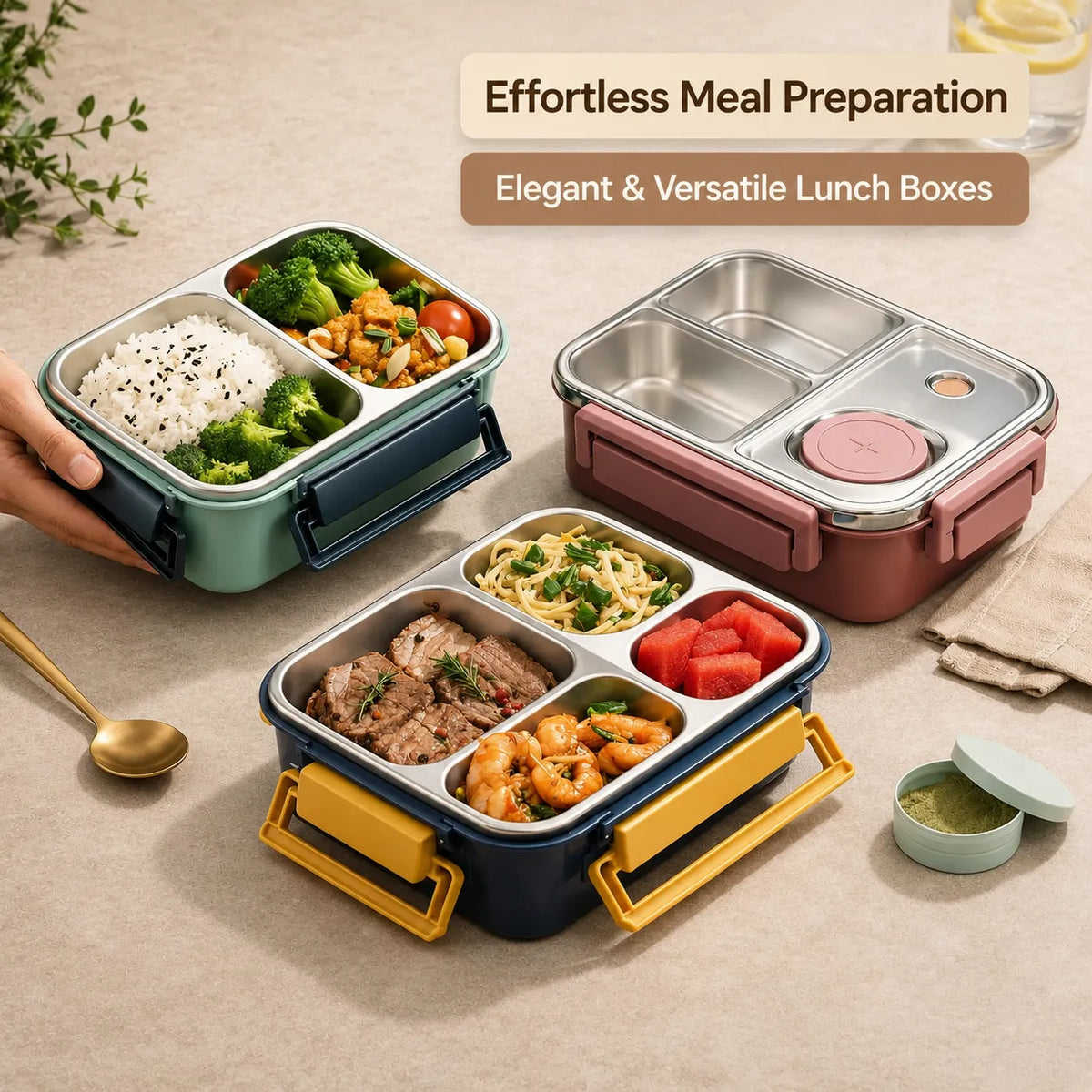 Insulated Thermal Lunch Box with Stainless Steel Compartments