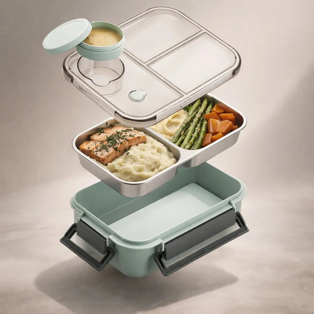 Insulated Thermal Lunch Box with Stainless Steel Compartments