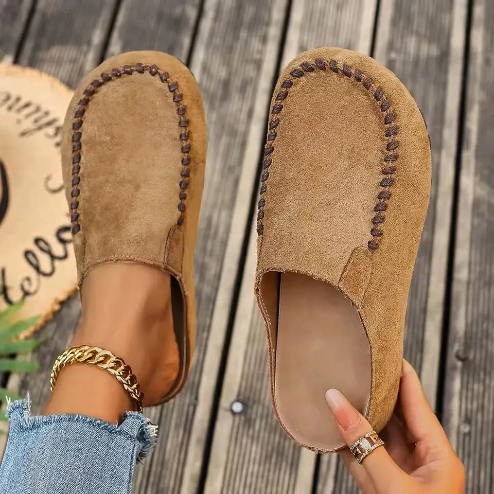 Leather Slip-On Sandals with Soft Suede-Like Upper and Flat Sole
