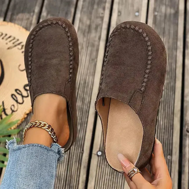Leather Slip-On Sandals with Soft Suede-Like Upper and Flat Sole