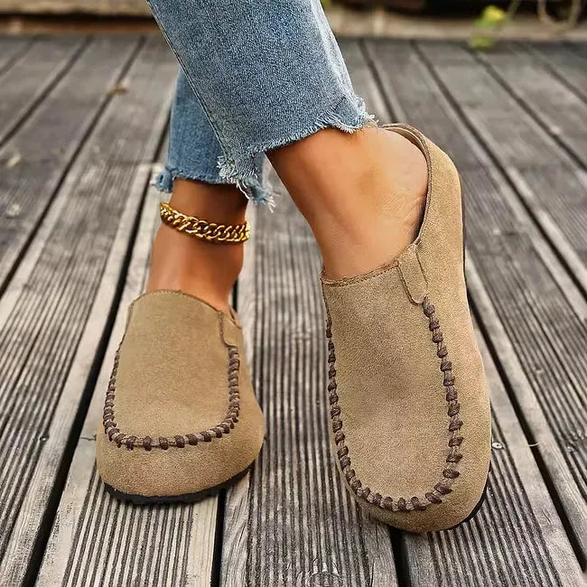 Leather Slip-On Sandals with Soft Suede-Like Upper and Flat Sole