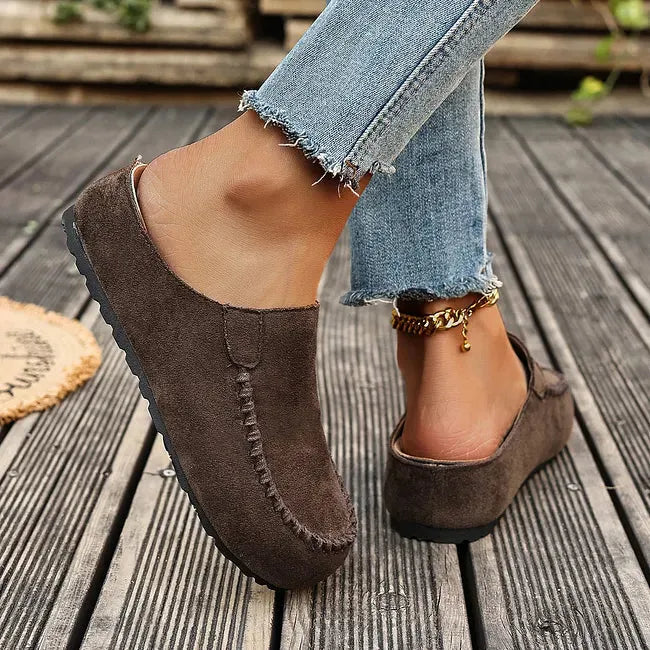 Leather Slip-On Sandals with Soft Suede-Like Upper and Flat Sole