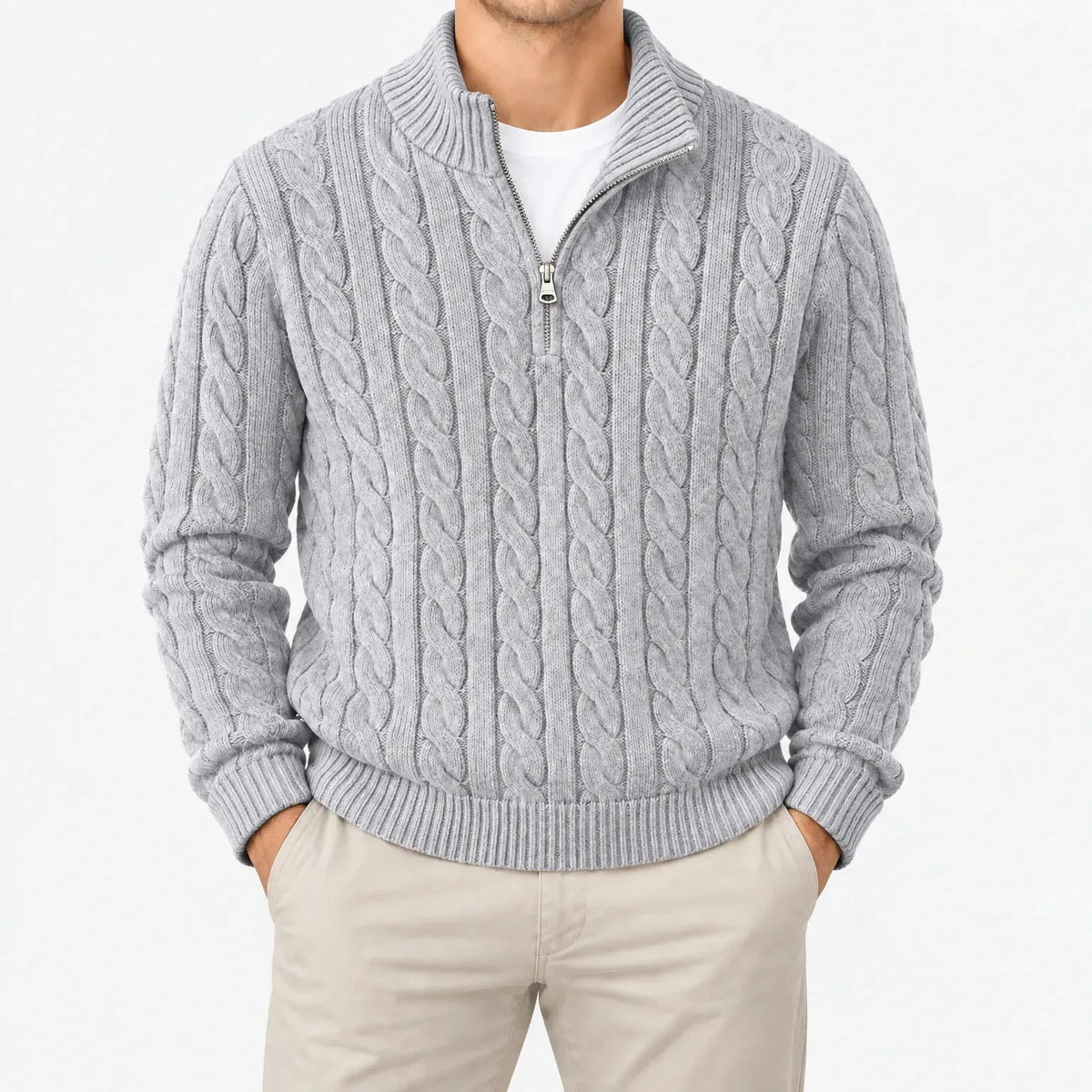 Men's Cable Knit Half-Zip Sweater with High Stand Collar