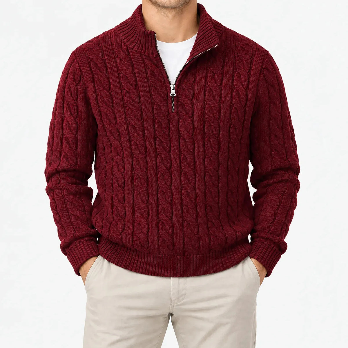 Men's Cable Knit Half-Zip Sweater with High Stand Collar