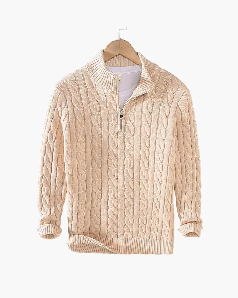 Men's Cable Knit Half-Zip Sweater with High Stand Collar
