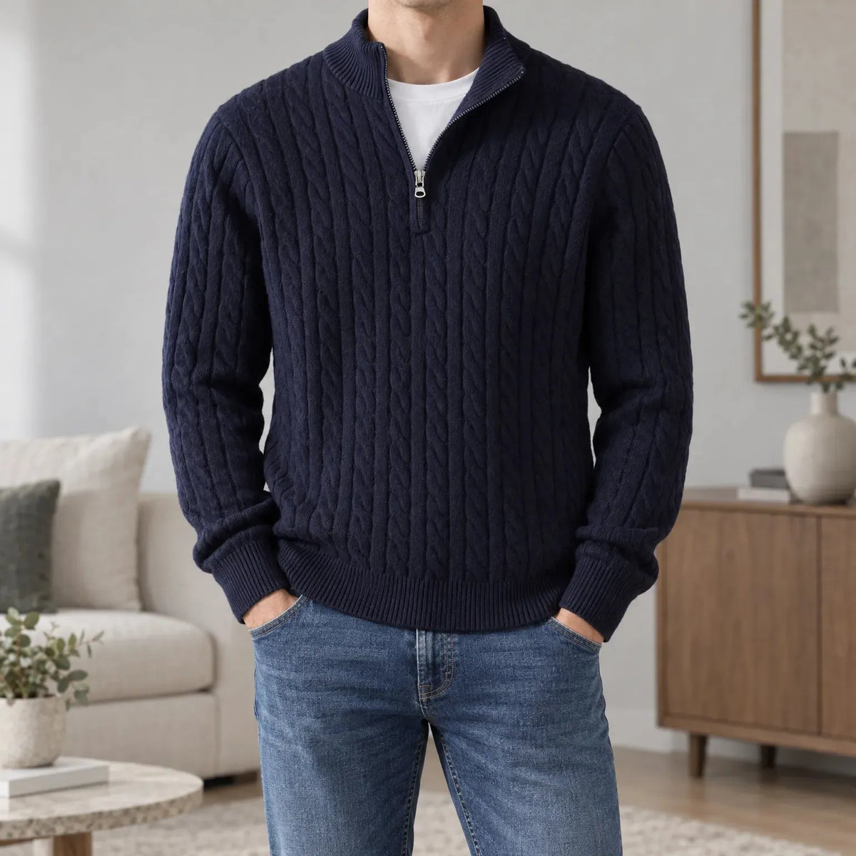 Men's Cable Knit Half-Zip Sweater with High Stand Collar