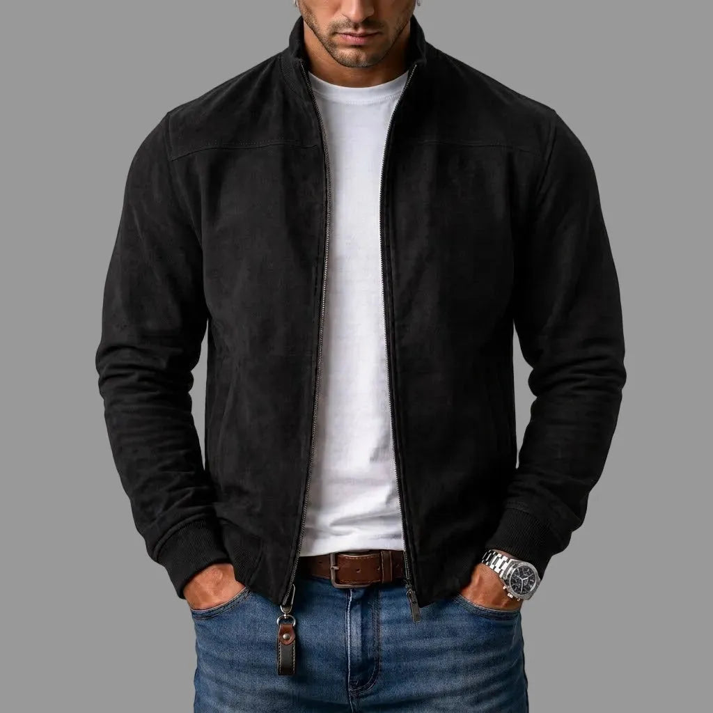 Men's Faux Suede Bomber Jacket with Stand Collar