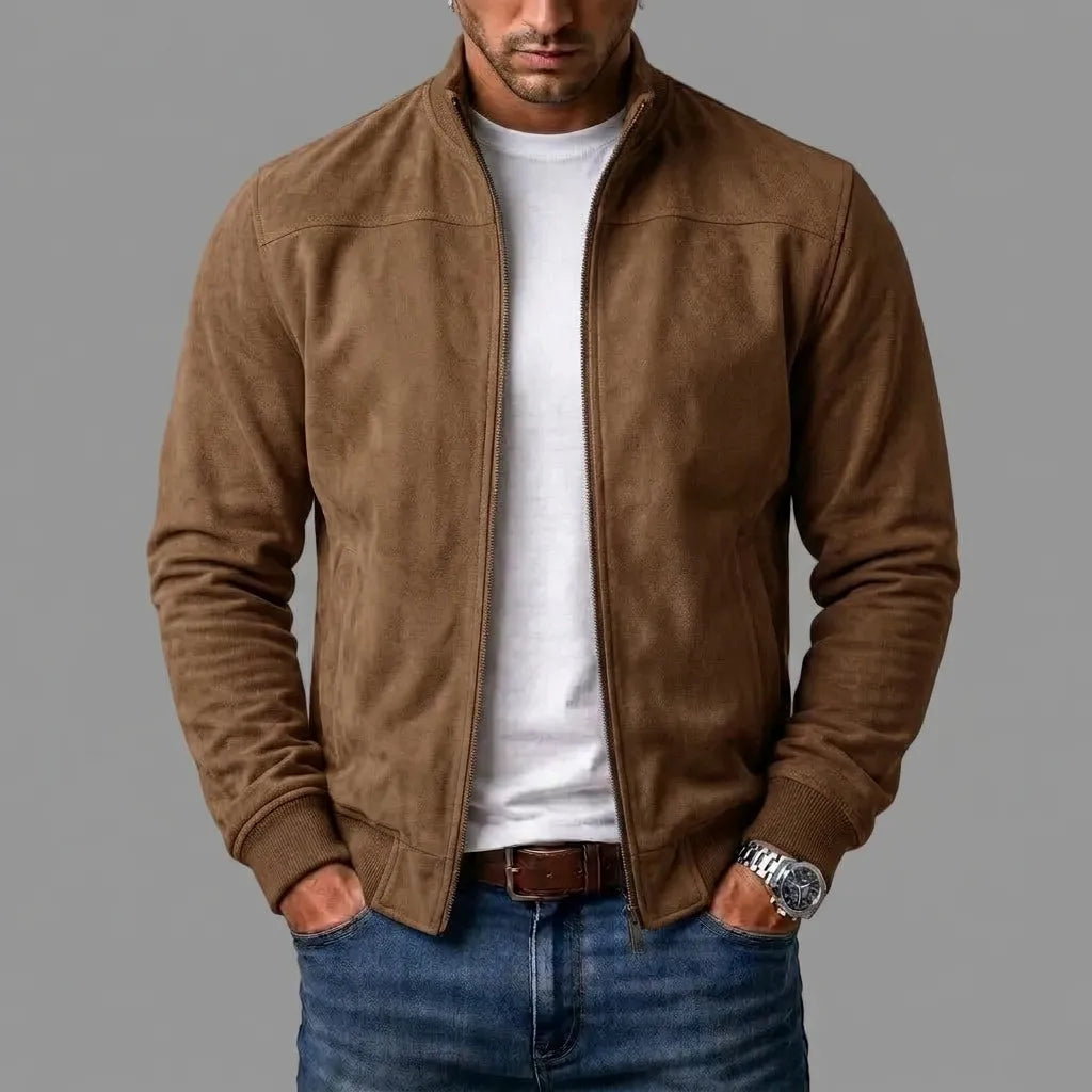 Men's Faux Suede Bomber Jacket with Stand Collar