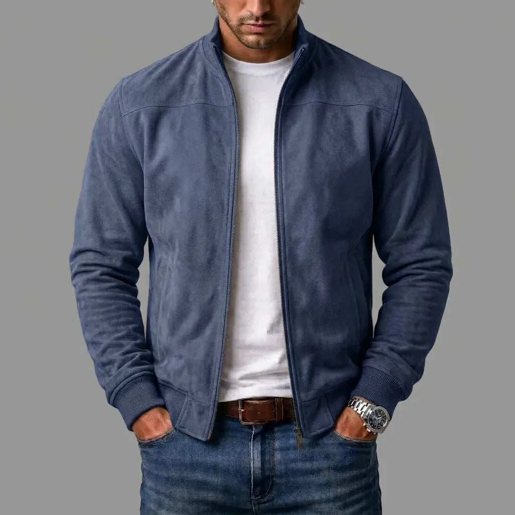 Men's Faux Suede Bomber Jacket with Stand Collar