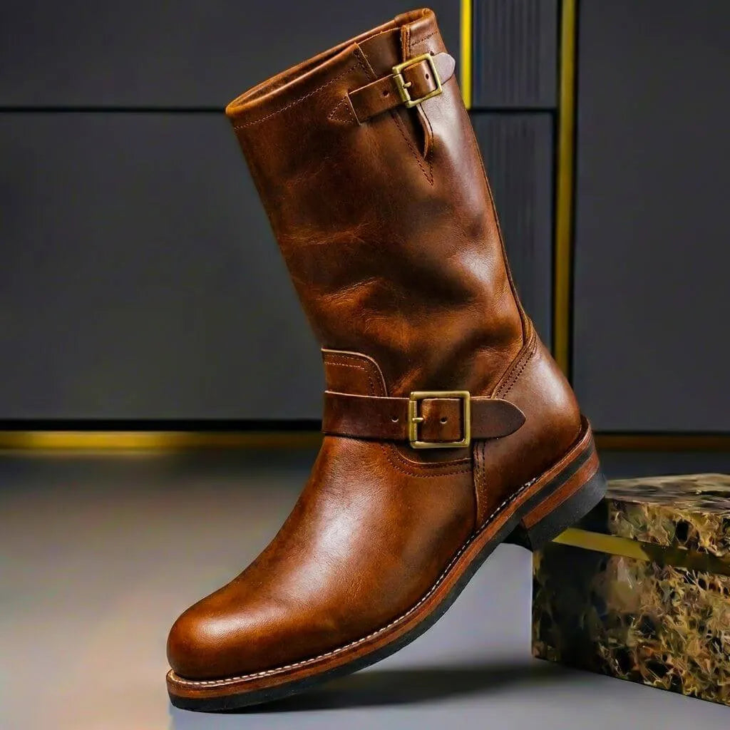 Men's Genuine Leather Mid-Calf Buckle Engineer Boots